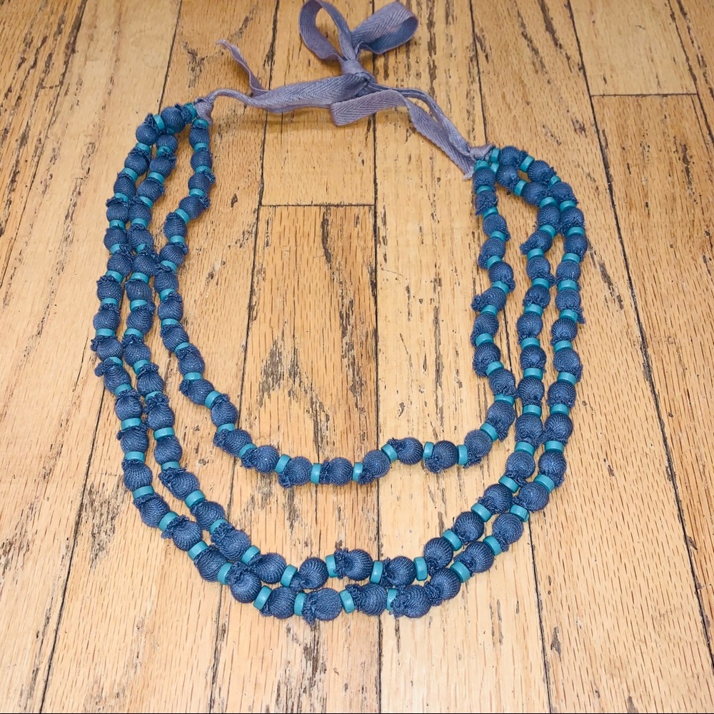 Blue Fabric Covered Beaded Tie on Necklace Boho